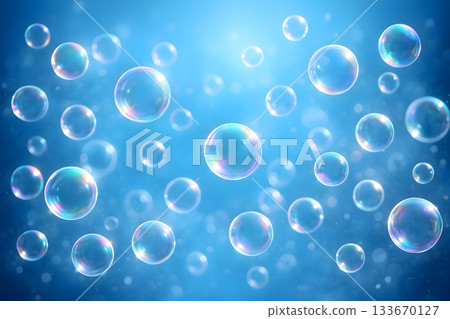 閃亮的透明肥皂泡和藍色漸變背景 133670127