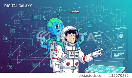 An astronaut and his companion travelling through the digital galaxy 133670281