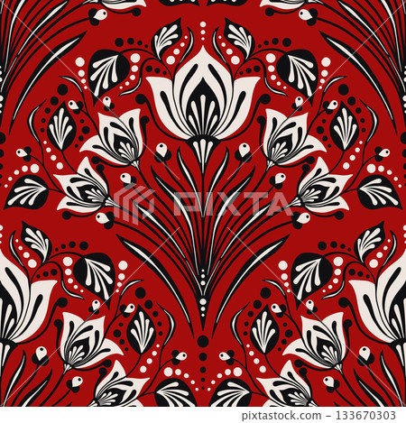 Red White Lily Flower Vintage Damask Vector Seamless Pattern, Fantasy Floral Garden for Italian Renaissance Textile Design, Ancient Art Nouveau Wallpaper Background, Retro Cultural Heritage Backdrop 133670303