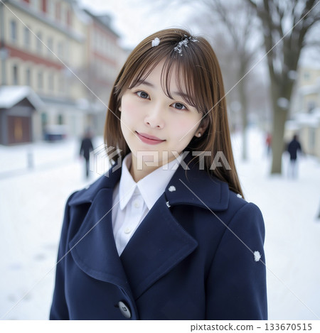 AI-generated image of a young woman in a coat 133670515