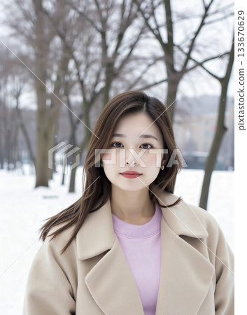 AI-generated image of a young woman in a coat 133670629