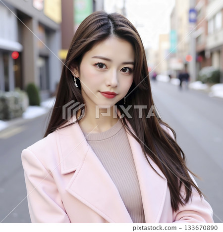 AI-generated image of a young woman in a coat 133670890