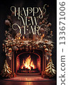 stunning stylish "Happy New year" scene with fireplace and Christmas tree. Ai generated 133671006