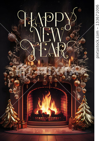 stunning stylish "Happy New year" scene with fireplace and Christmas tree. Ai generated stunning stylish "Happy New year" scene with fireplace and Christmas tree. Ai generated 133671006