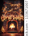 stunning stylish "Happy New year" scene with fireplace and Christmas tree. Ai generated 133671007