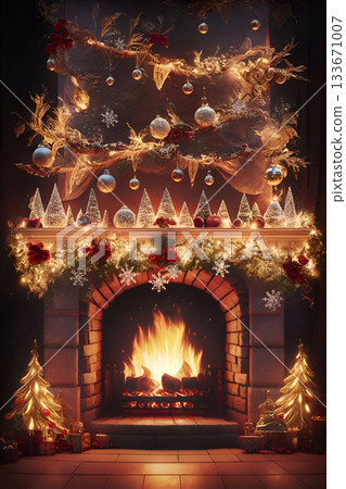 stunning stylish "Happy New year" scene with fireplace and Christmas tree. Ai generated 133671007
