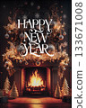 stunning stylish "Happy New year" scene with fireplace and Christmas tree. Ai generated 133671008