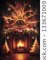 cozy "Holiday" scene with fireplace and Christmas tree. Ai generated 133671009