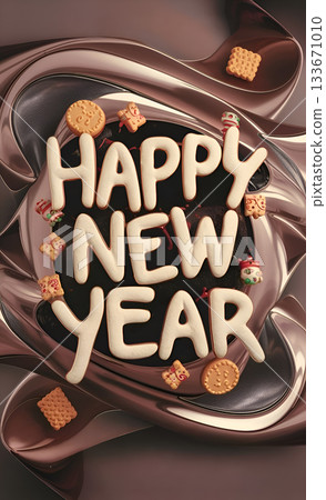 stylish "Happy New year" scene with fireplace and Christmas tree. Ai generated 133671010