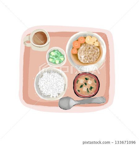 醫院餐點示意圖:一份包含米粥、低鹽味噌湯和低脂漢堡牛排的套餐 醫院餐點示意圖:一份包含米粥、低鹽味噌湯和低脂漢堡牛排的套餐 133671096