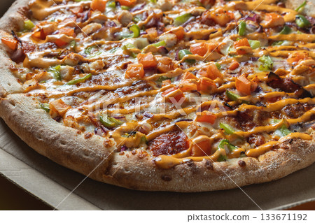 Close-Up of Freshly Baked Pizza with Colorful Toppings Close-Up of Freshly Baked Pizza with Colorful Toppings 133671192