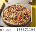 Fresh Gourmet Pizza in Open Box with Vibrant Toppings 133671194