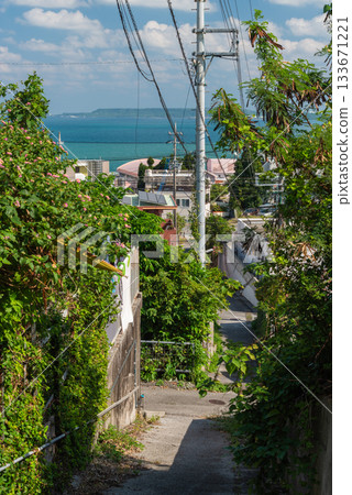A clear sky, a cityscape with an emerald green sea, and a downhill slope 133671221