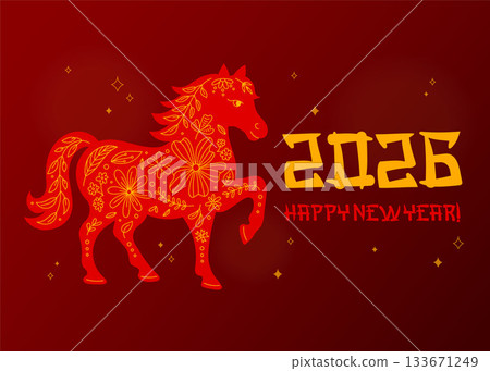 Happy 2026 New Year Horse greeting card, poster, banner. Vector illustration of Lunar New Year symbol, Chinese Zodiac animal horse. Traditional red and gold colors and creative botanical, floral 133671249