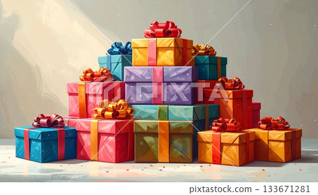 A celebratory mountain of gift boxes wrapped in various colors and sizes. 133671281