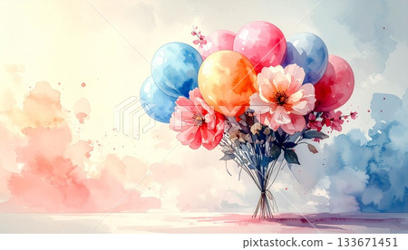 A watercolor illustration of a bouquet of flowers and balloons in soft pastel tones 133671451