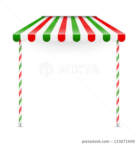 Shop sunshade. Realistic striped cafe awning. Outdoor market tent. Roof canopy. Summer street store. Vector illustration. Shop sunshade. Realistic striped cafe awning. Outdoor market tent. Roof canopy. Summer street store. Vector illustration. 133671699