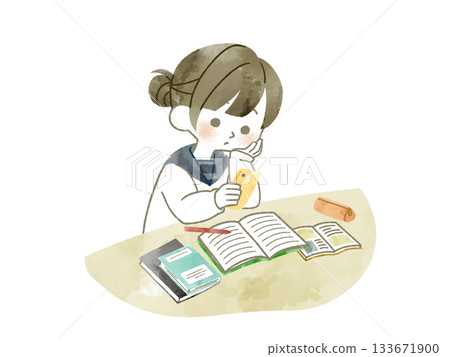 Female student using smartphone while studying-Watercolor Female student using smartphone while studying-Watercolor 133671900