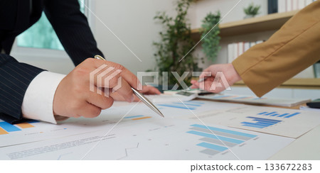 Financial Consultation. Professionals discussing financial data with charts and graphs. Financial Consultation. Professionals discussing financial data with charts and graphs. 133672283