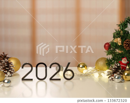 New Year 2026 Decorative Background with Pinecones and Ornaments 133672320