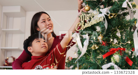 SSTK Christmas. A mother helping her son place a Christmas ornament on the tree. 133672328
