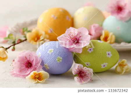 easter eggs and spring flowers 133672342
