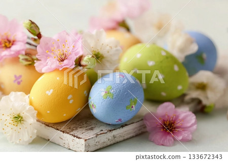 easter eggs and spring flowers 133672343
