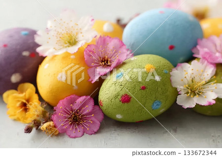 easter eggs and spring flowers 133672344