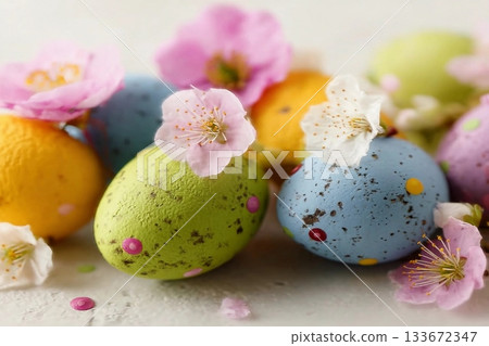easter eggs and spring flowers 133672347