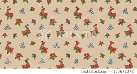 Christmas bow with berry seamless pattern Christmas bow with berry seamless pattern 133672378