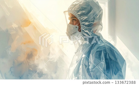 一幅精美的手繪肖像，描繪了一位身穿連帽防塵外套的男士，象徵著科學和衛生。 133672388