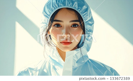 一幅精美的手繪肖像，描繪了一位身穿連帽防塵外套的女性，象徵著科學與衛生。 133672389