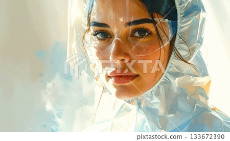 一幅精美的手繪肖像，描繪了一位身穿連帽防塵外套的女性，象徵著科學與衛生。 133672390