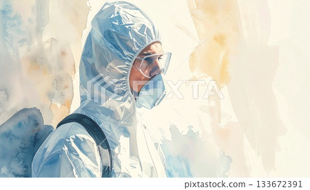 一幅精美的手繪肖像，描繪了一位身穿連帽防塵外套的男士，象徵著科學和衛生。 133672391