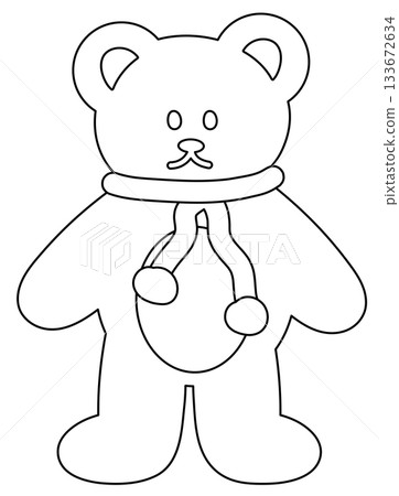 Cute outline of teddy bear wearing winter scarf for colouring, Christmas, happy new year, animal decoration, cartoon, zoo, souvenir shop, character, comic, mascot, patch, brooch, festive winter icon Cute outline of teddy bear wearing winter scarf for colouring, Christmas, happy new year, animal decoration, cartoon, zoo, souvenir shop, character, comic, mascot, patch, brooch, festive winter icon 133672634