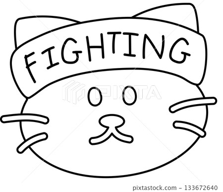 Cute outline of cat wearing FIGHTING sport headband for colouring, exercise, diet, competition, animal decoration, kitten cartoon, cat drawing, pet shop, vet, character, comic, mascot, patch, brooch 133672640