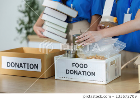 Community Donation Event. Volunteers collecting food and books for charity. 133672709