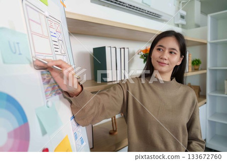 UI Design Collaboration. Young woman brainstorming ideas on a whiteboard. UI Design Collaboration. Young woman brainstorming ideas on a whiteboard. 133672760