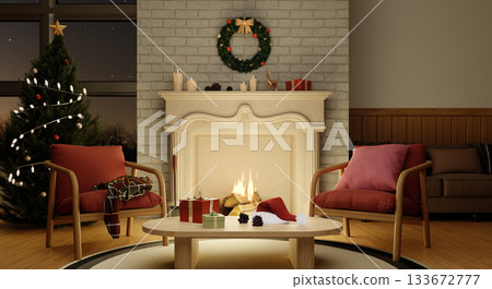 Elegant Christmas living room with a fireplace and beautiful decor. 3D render illustration Elegant Christmas living room with a fireplace and beautiful decor. 3D render illustration 133672777
