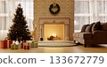 Charming home decor with cozy furniture and a Christmas tree. 3D render illustration 133672779