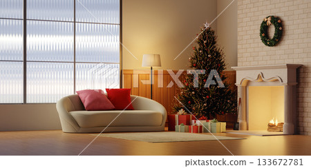 Christmas living room with festive decor and warm ambiance. 3D render illustration 133672781