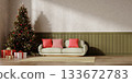 Christmas home decor with a cozy sofa and decorated tree. 3D render illustration 133672783