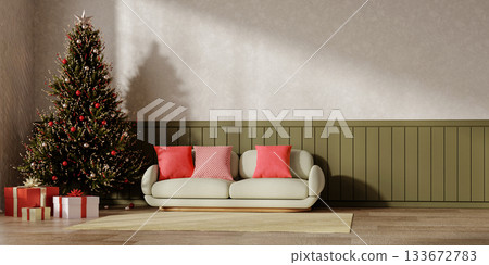 Christmas home decor with a cozy sofa and decorated tree. 3D render illustration Christmas home decor with a cozy sofa and decorated tree. 3D render illustration 133672783