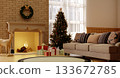 Cozy Christmas living room with decorations and warm lighting. 3D render illustration 133672785