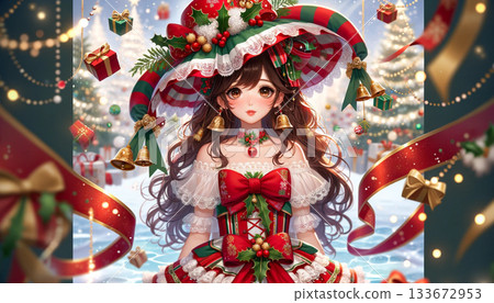 Christmas material of a beautiful girl wearing a red and green dress 133672953