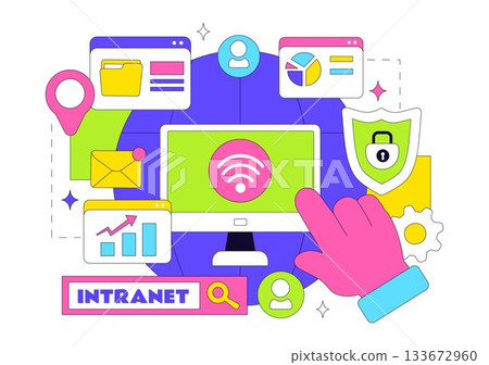 Intranet Internet Network Connection Technology Vector Illustration to Share Confidential Company Information and Website in a Flat Cartoon Background Intranet Internet Network Connection Technology Vector Illustration to Share Confidential Company Information and Website in a Flat Cartoon Background 133672960