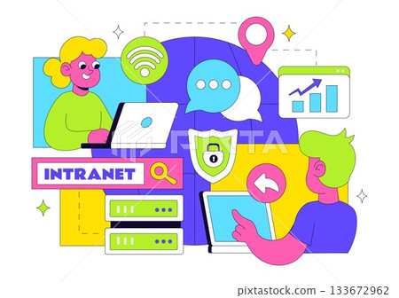 Intranet Internet Network Connection Technology Vector Illustration to Share Confidential Company Information and Website in a Flat Cartoon Background Intranet Internet Network Connection Technology Vector Illustration to Share Confidential Company Information and Website in a Flat Cartoon Background 133672962