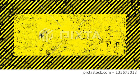 Warning sign with yellow and black diagonal lines. Attention, danger or caution symbol. Construction site signage, road safety notice, hazard banner, security alert shield. Vector illustration 133673018