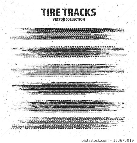 Grunge tire tracks with mud splatters, dirty wheel braking marks. Truck, car, or motorcycle tread pattern silhouettes. Perfect for off-road, motorsport, and racing designs. Vector illustration 133673019