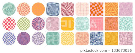 Groovy checkered pattern, colorful tiled grid. Vintage wavy curved backdrop, distortion effect. Funky geometric chessboard texture, retro background in 90s style, y2k. Vector illustration 133673036